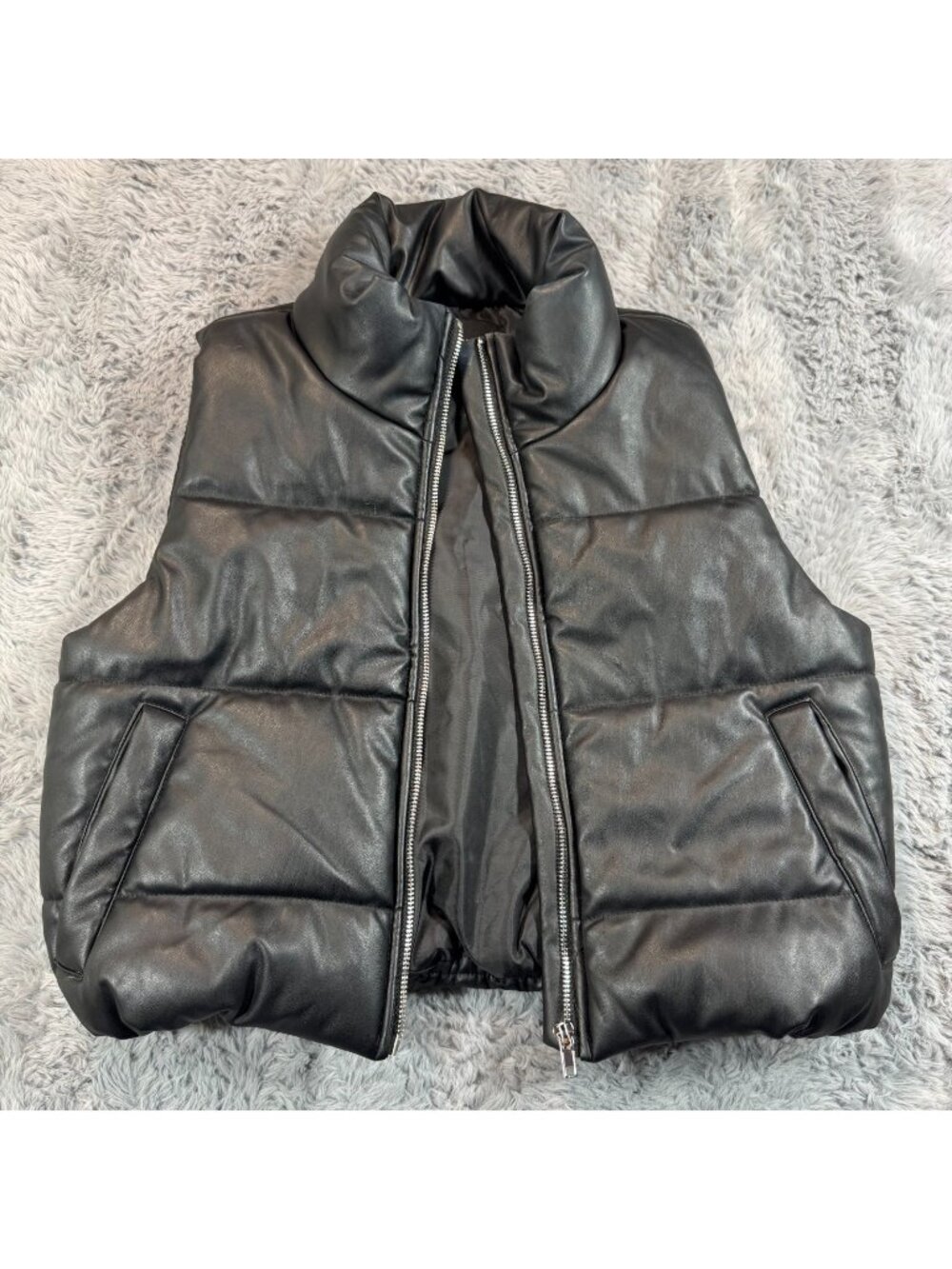 Ambiance Vest Women's S Black Faux Leather Puffer Zip-Up Cropped Polyester-Lined
